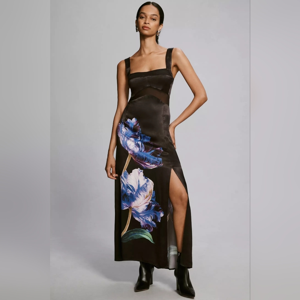 Anthropologie Black Maxi Dress with Blue Floral Design